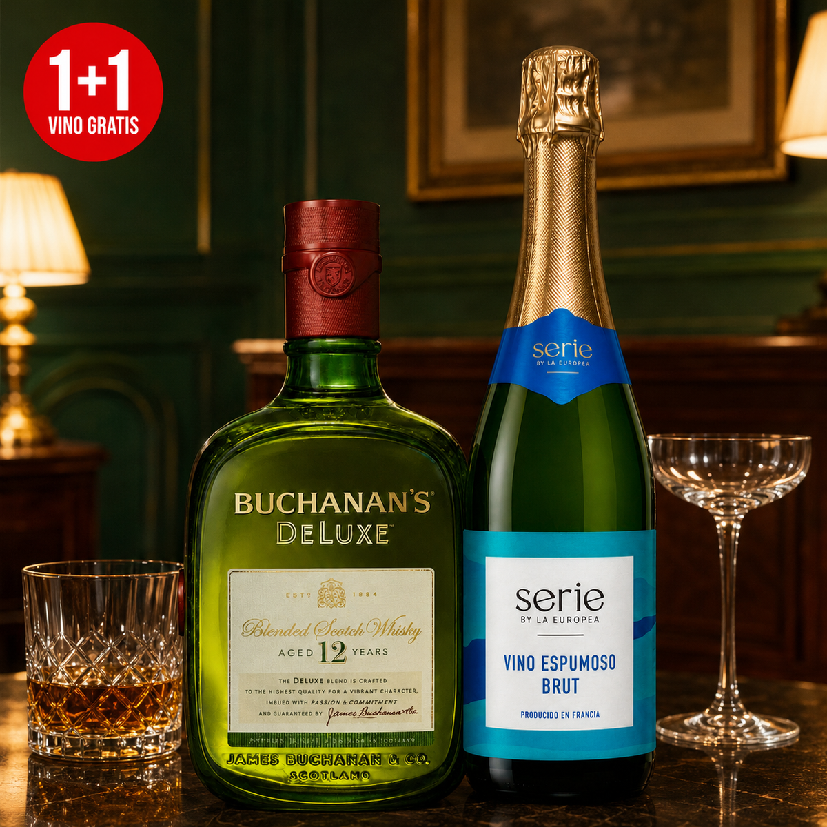 Pack Whisky Buchanan's Deluxe 12 Años Blended Scotch 750 ml + Vino Espumoso Serie By La Europea Brut 750 ml