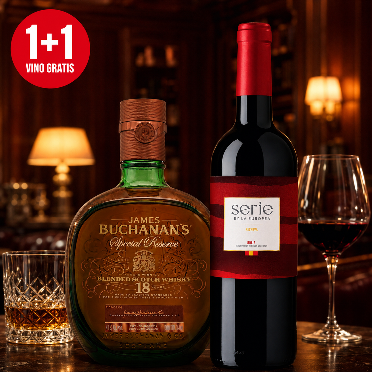 Pack Whisky Buchanan's Special Reserve 18 Años Blended Scotch 750 ml + Vino Tinto Serie By La Europea Rva Rioja 750 ml