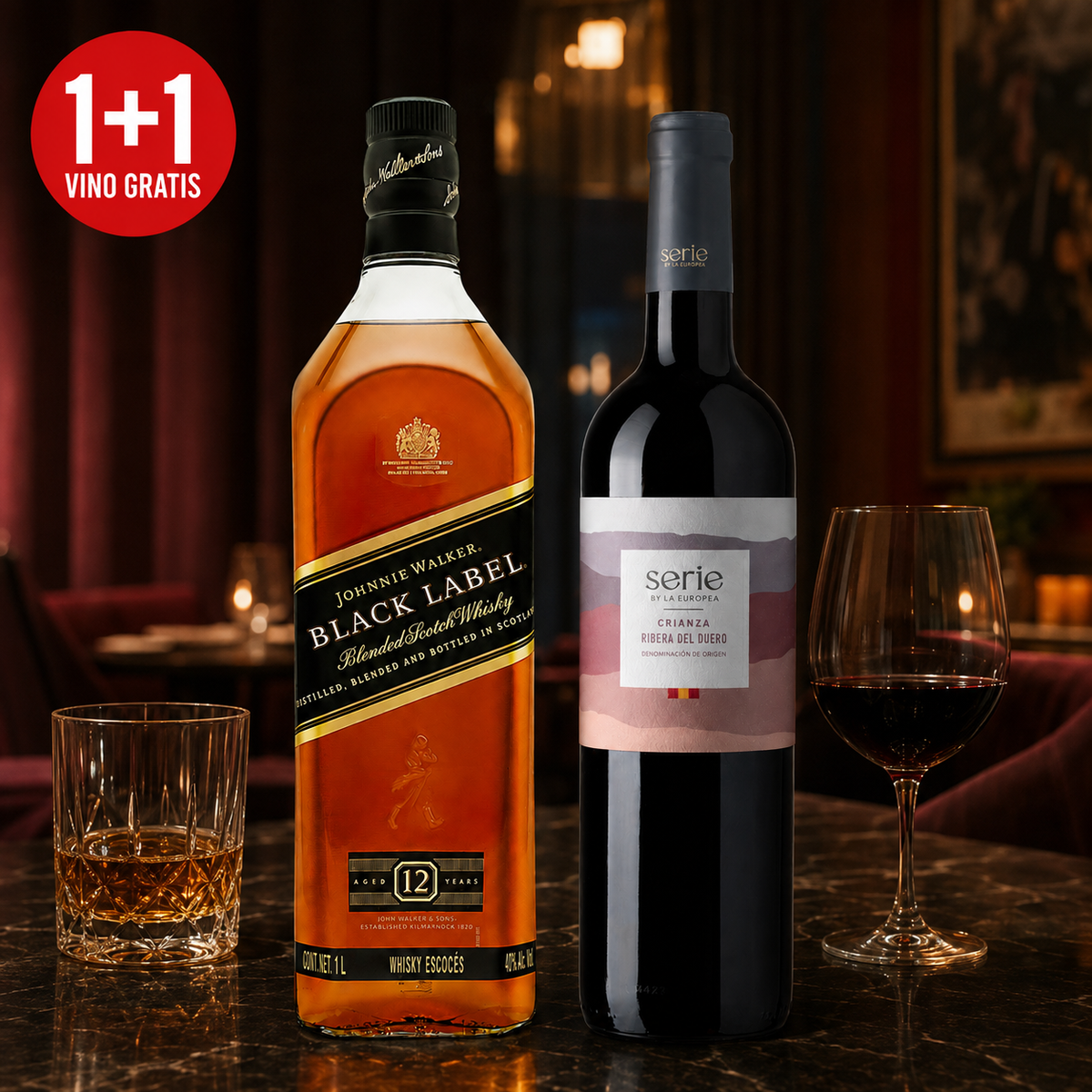 Pack Whisky Johnnie Walker Black Label Blended Scotch 1 L + Vino Tinto Serie By La Europea Tempranillo Duero 750 ml