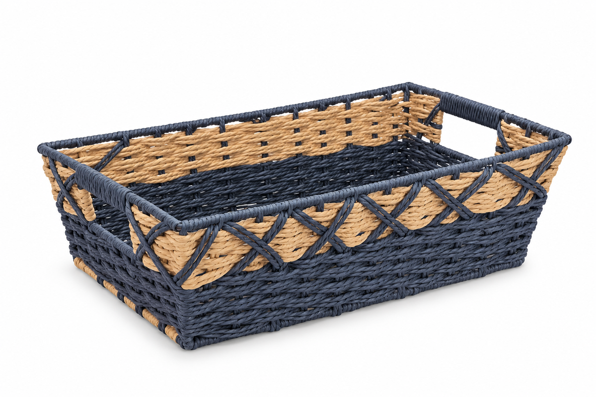 Canasta Rectangular Tejida Bicolor, tamaño grande 47x34x17cm