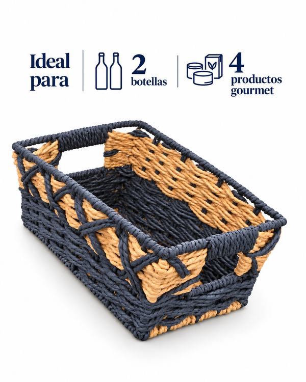 Pack Moño & Canasta Rectangular Tejida Bicolor, tamaño extra chico 20x32.5x12.5cm