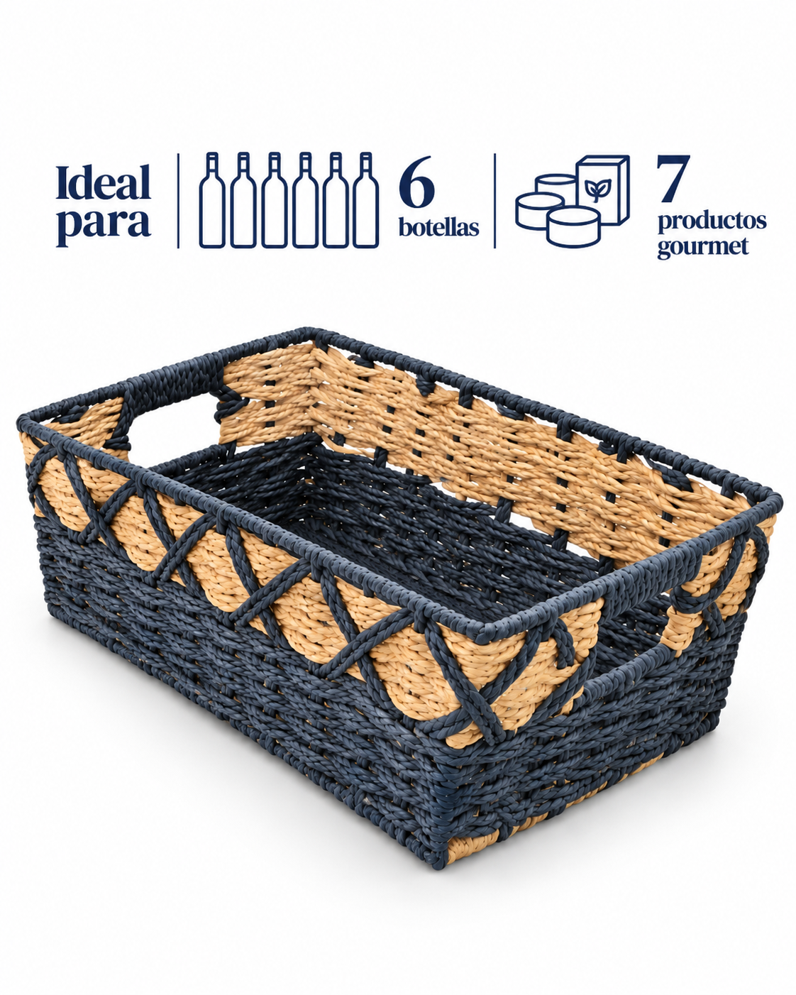 Pack Moño & Canasta Rectangular Tejida Bicolor, tamaño mediano 32.5x24x15cm