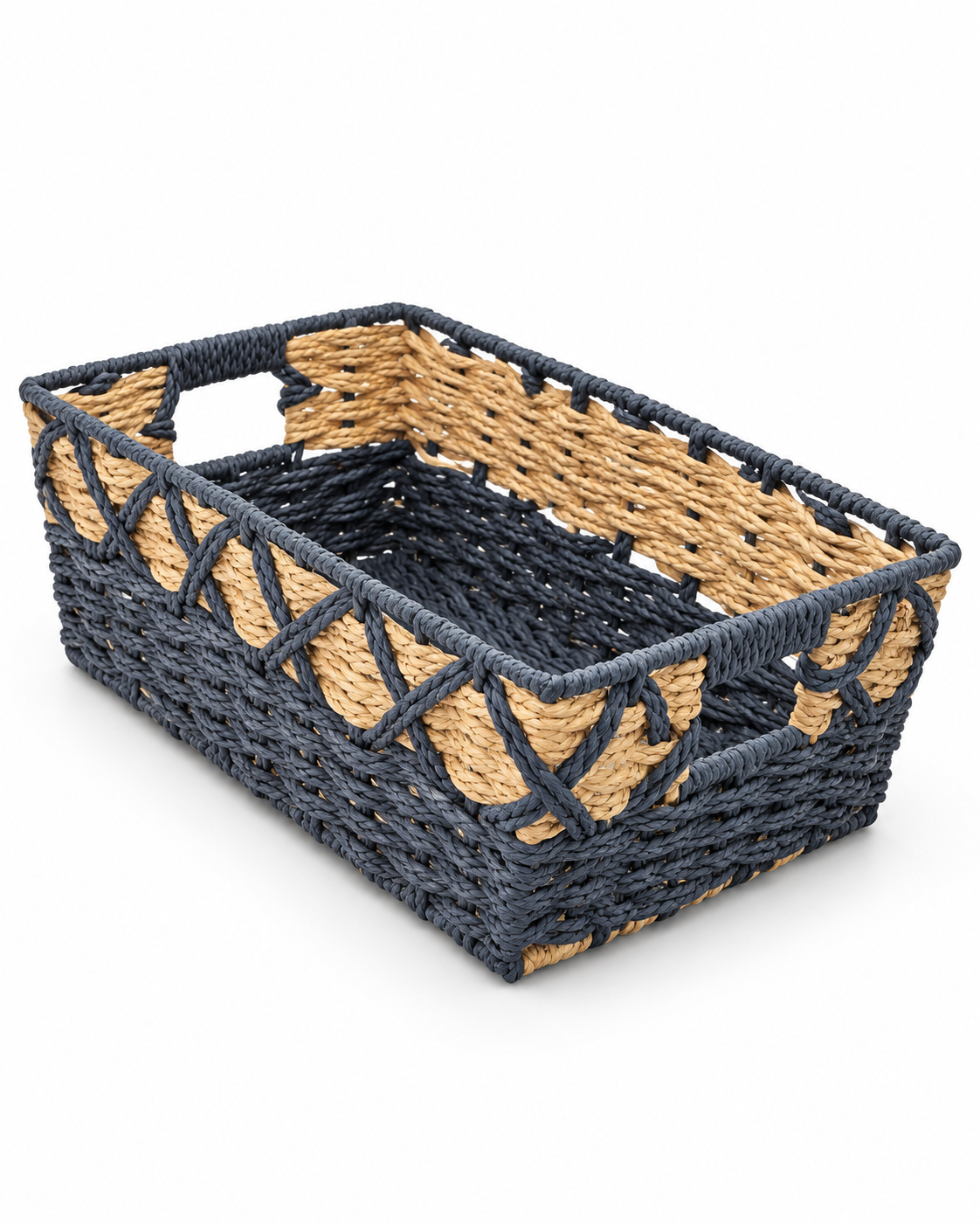 Canasta Rectangular Tejida Bicolor, tamaño chico 29.5x22x13cm