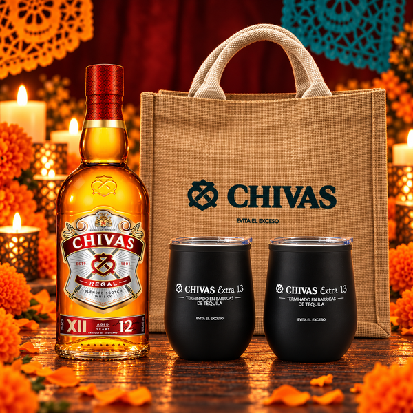 Pack Whisky Chivas Regal 12 Años 750 ml con 2 Termos de 300 ml y Bolsa de Yute
