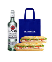 1 RON BACARDI BLANCO 700ML + 2 BAGUETTE DE JAMÓN YORK + 1 BOLSA LA EUROPEA