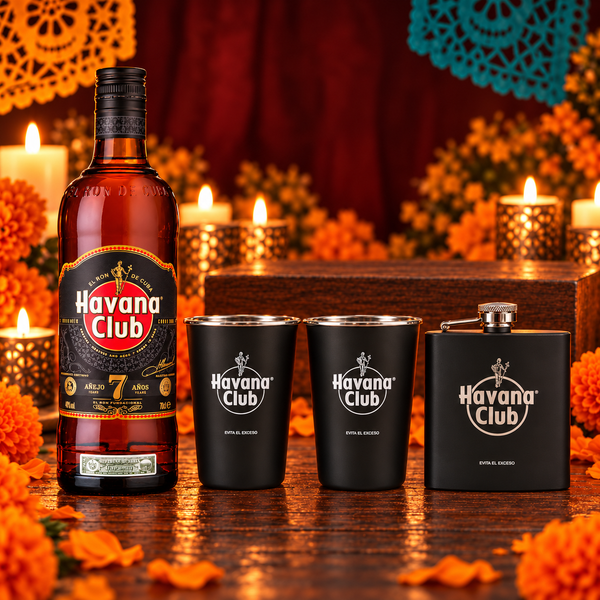 Pack Ron Havana Club 7 Años 700ml con 2 Vasos y Licorera de Bolsillo